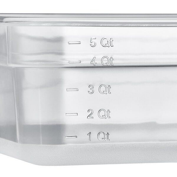 A clear plastic Vigor food pan with measurements on it.