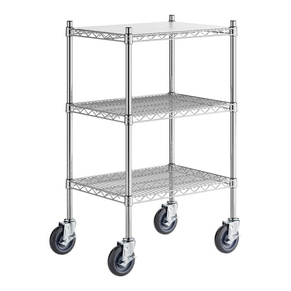 A Regency chrome wire shelving kit with wheels.