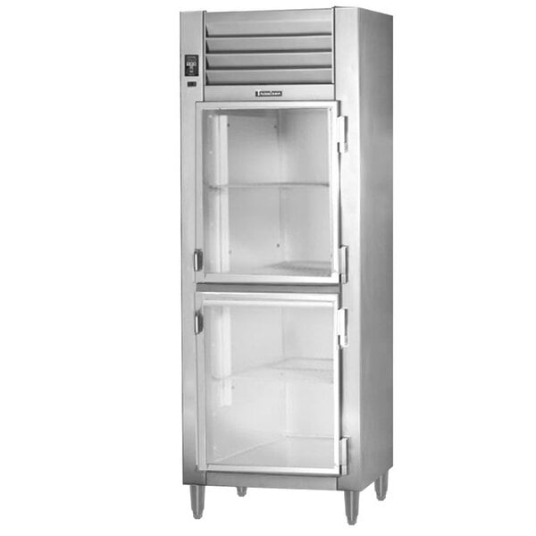A stainless steel Traulsen refrigerator with glass doors.