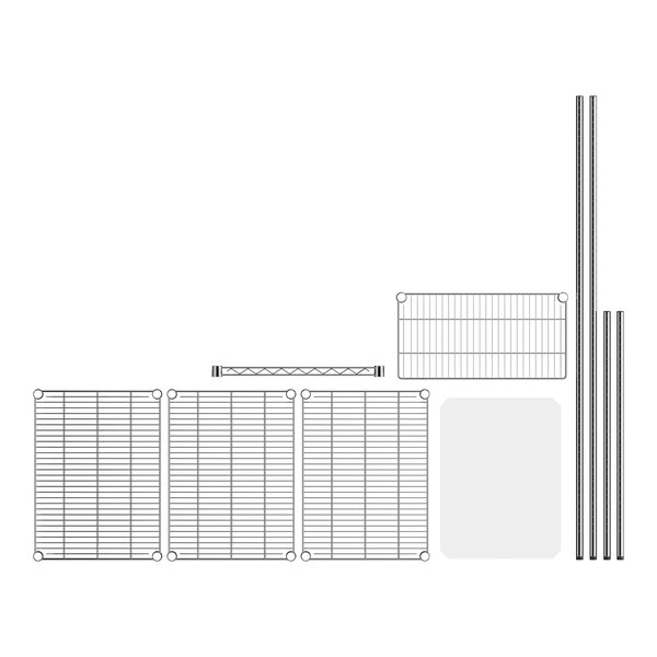 A drawing of a Regency chrome wire rack with shelves and posts.