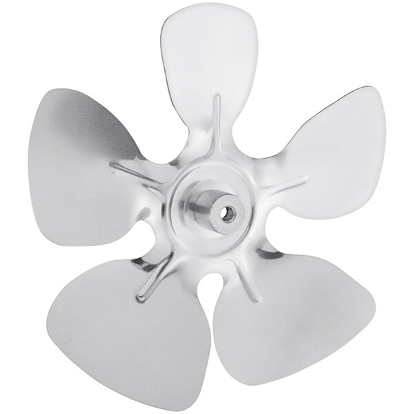 A close-up of a silver fan propeller.