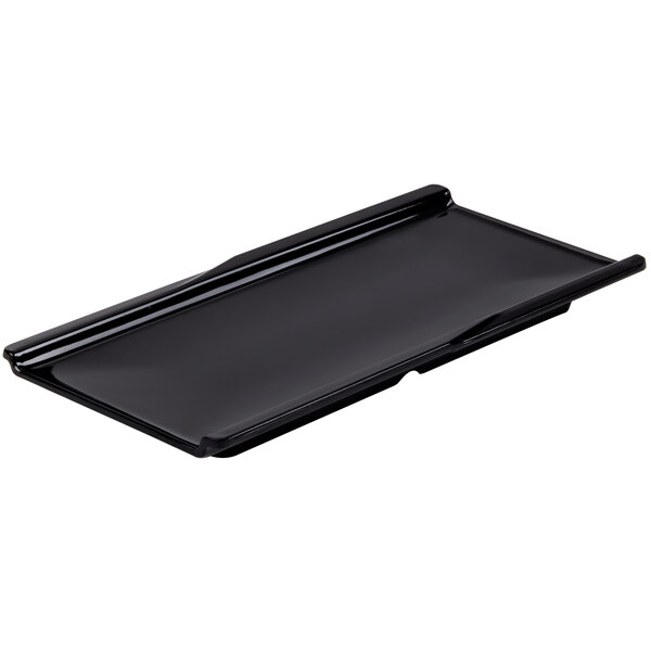 A black rectangular GET Elegance melamine platter on a counter.
