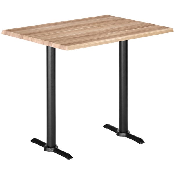 A Holland Bar Stool natural wood laminate bar height table with black end column base.