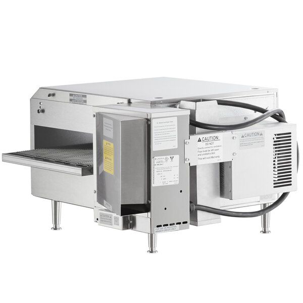 A Lincoln countertop conveyor oven with a metal door open.