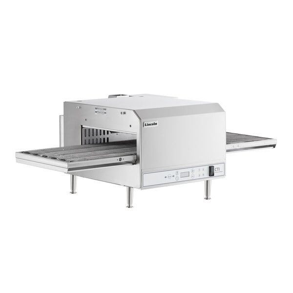 A stainless steel electric countertop conveyor oven with a single belt and digital controls.