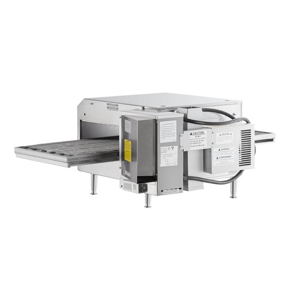 A stainless steel ventless single belt electric countertop conveyor oven with a conveyor belt and control panel.
