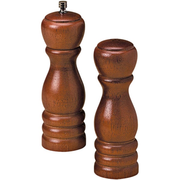 An American Metalcraft mahogany wood salt shaker and pepper mill set.