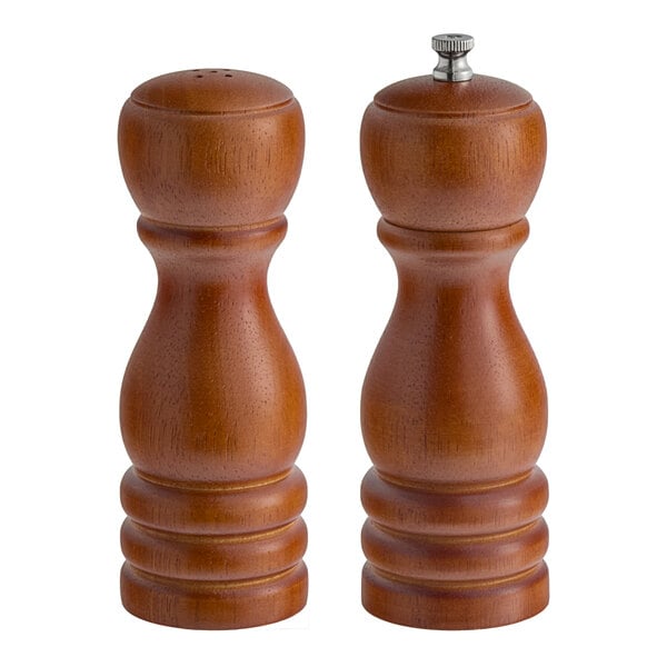 An American Metalcraft mahogany wood salt and pepper shaker set.