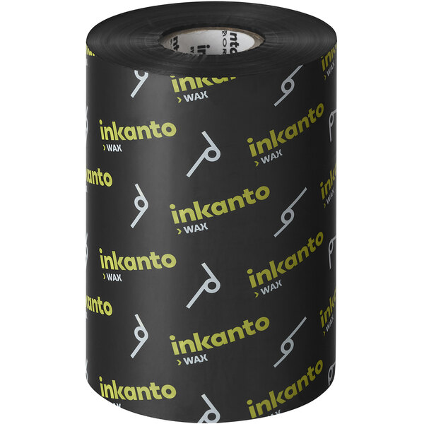 A black roll of Armor Inkanto wax thermal transfer ribbon with white and yellow text.