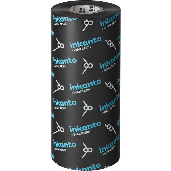 A black roll of Armor Inkanto wax/resin thermal transfer ribbon with blue and white text and a black and white Inkanto logo.