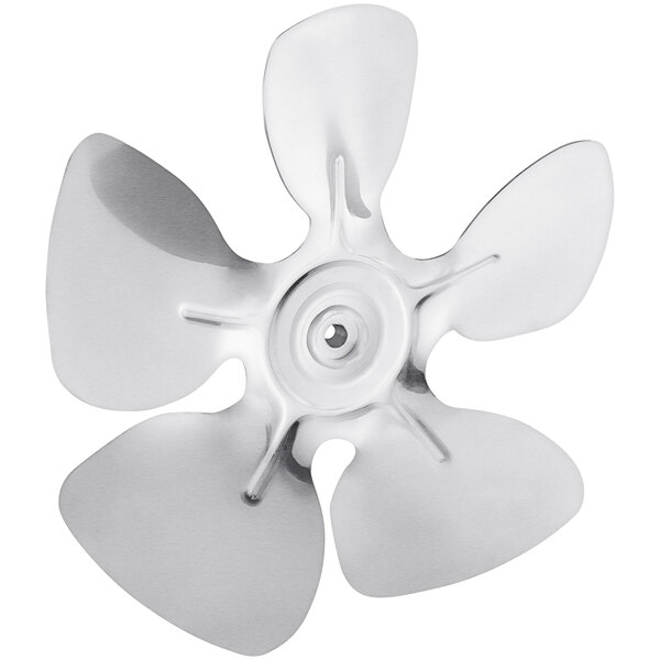 A close-up of a silver metal fan propeller.