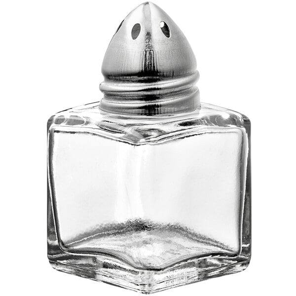 An American Metalcraft glass salt and pepper shaker with a metal lid.