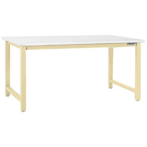 A white BenchPro Kennedy workbench with beige legs.