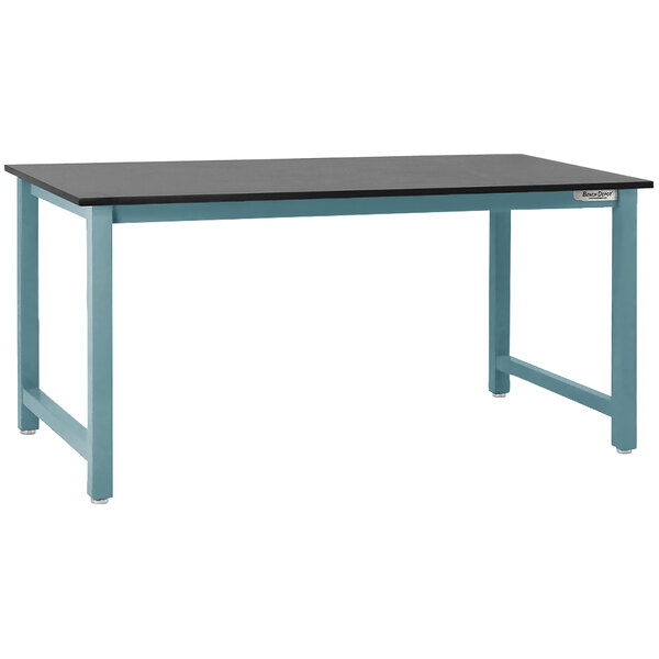 A black phenolic resin workbench top with a light blue frame.
