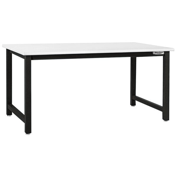 A white BenchPro Kennedy workbench with black legs and a white top.