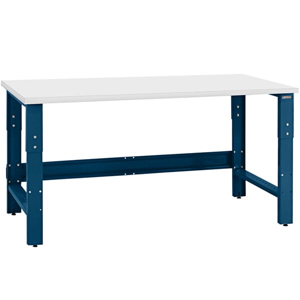 A white rectangular workbench with a white and blue top and blue metal legs.