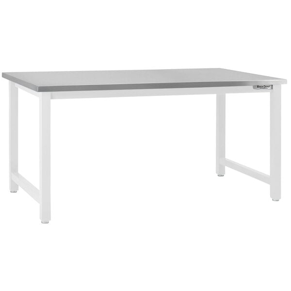 A BenchPro Kennedy stainless steel workbench with a white frame and legs and a square edge top.