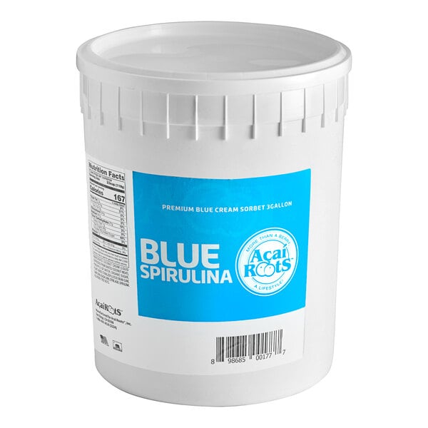 A white bucket with a blue label for Acai Roots Blue Cream Sorbet.