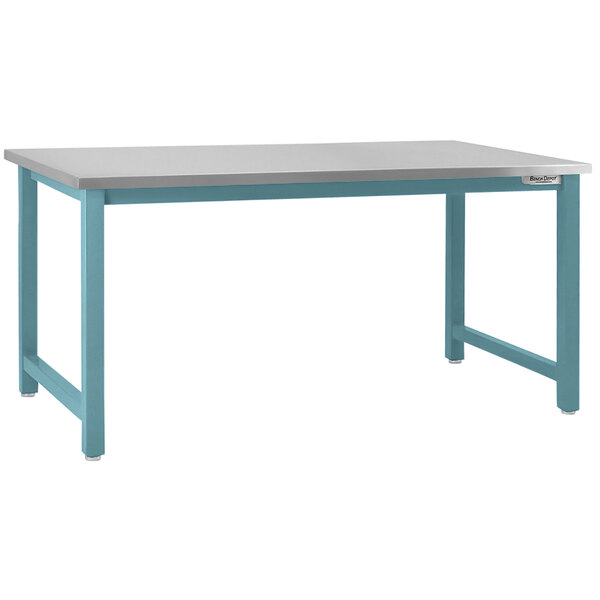 A BenchPro Kennedy stainless steel workbench with a blue frame.