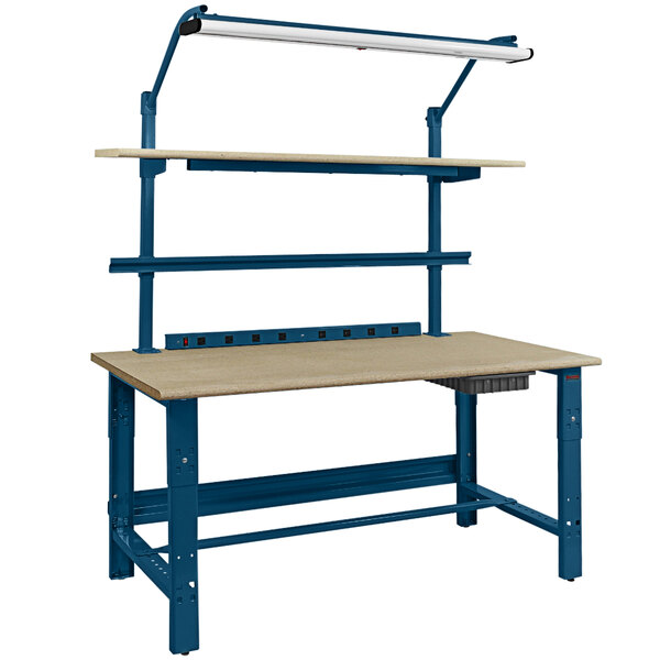 A blue BenchPro workbench with a white frame and two shelves.