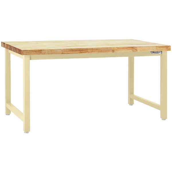 A BenchPro Kennedy industrial workbench with a wooden top and beige legs.