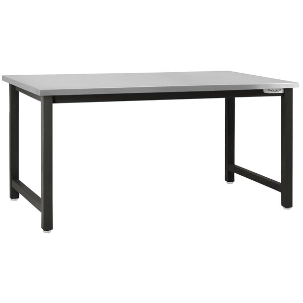 A grey workbench with a black frame and white stainless steel top.