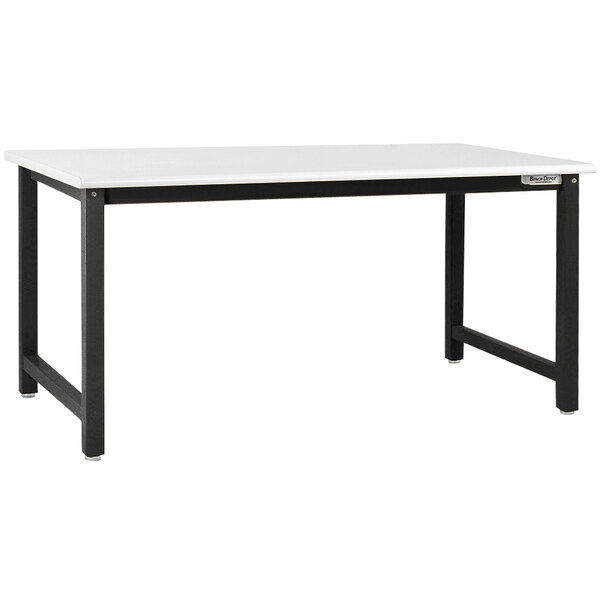 A white BenchPro Kennedy adjustable workbench with black legs and a white top.