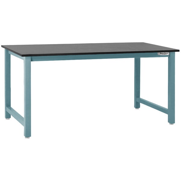 A black phenolic resin workbench with a light blue frame and square cut front edge.