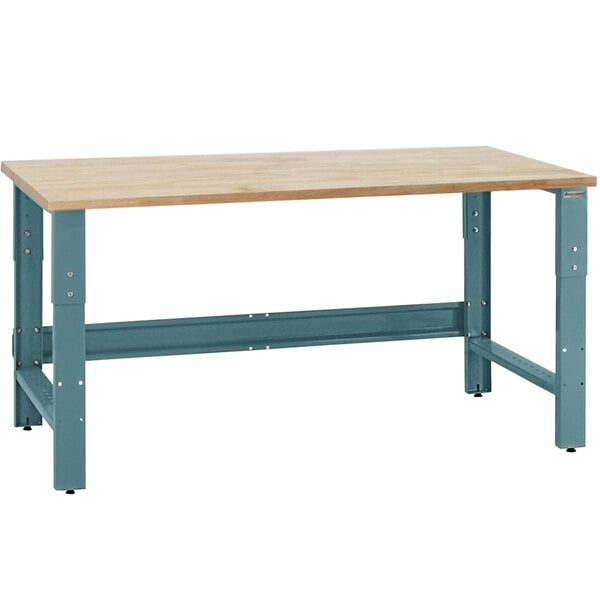 A BenchPro Roosevelt workbench with a maple butcher block top and light blue metal legs.