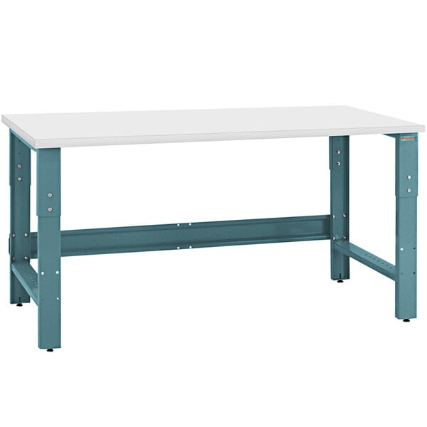 A white rectangular table with a blue frame.