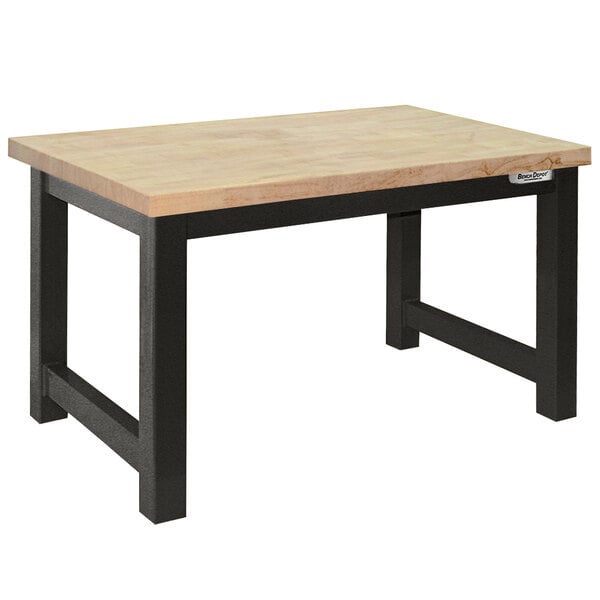 A BenchPro Harding workbench with a maple butcher block top and black frame.