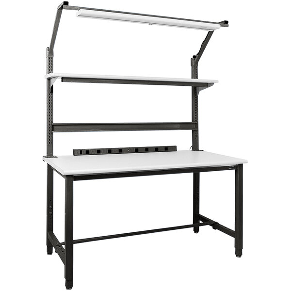 A white and black BenchPro workbench with shelves.