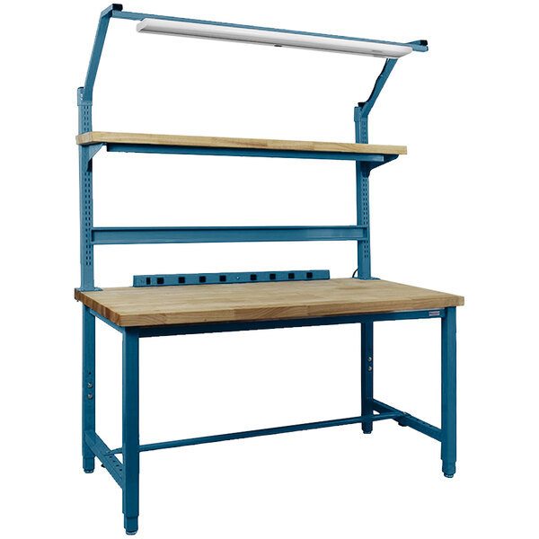 A blue metal BenchPro workbench with a wooden top and two shelves.