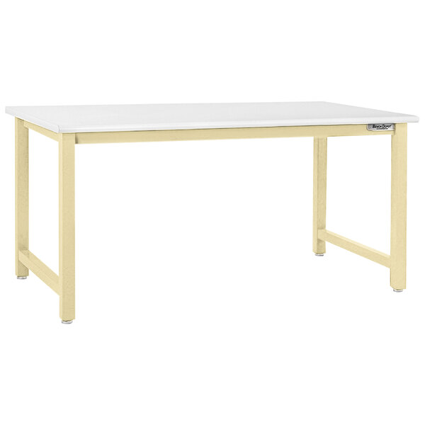 A white BenchPro Kennedy Series workbench with beige legs.