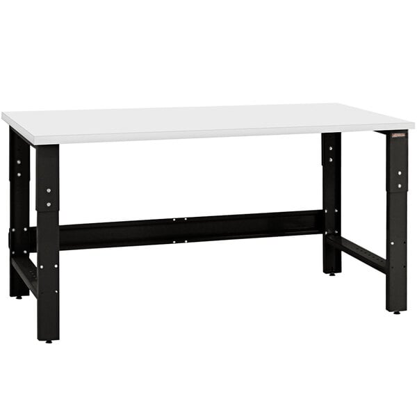 A white rectangular table with black legs.