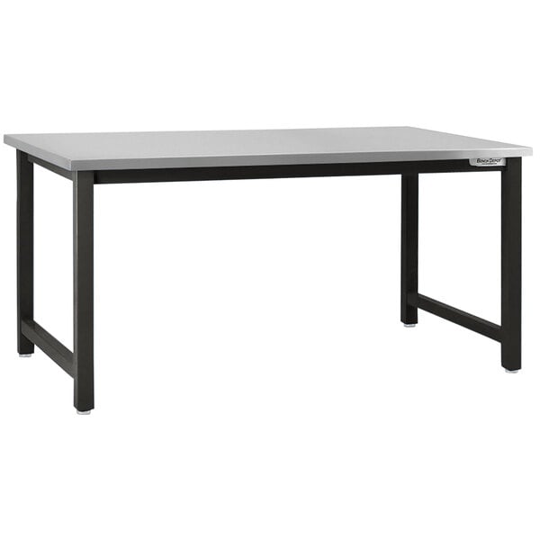 A grey rectangular workbench with a black frame and a stainless steel top.