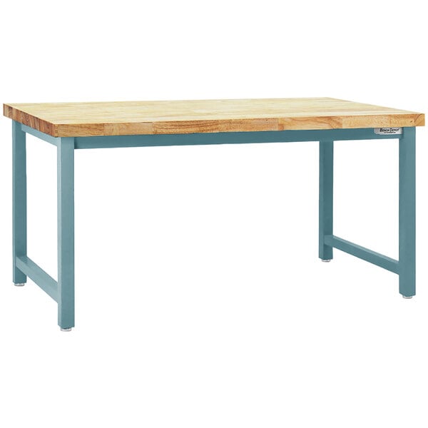 A BenchPro Kennedy workbench with a wooden top and blue legs.