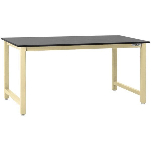 A beige BenchPro workbench with a white top and black frame.