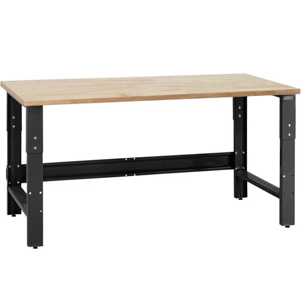 A BenchPro Roosevelt workbench with a maple butcher block top and black legs.