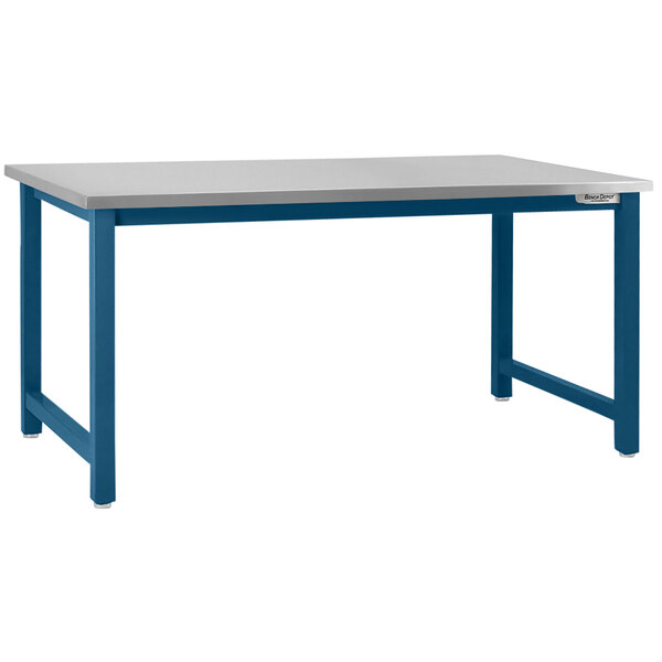 A BenchPro Kennedy stainless steel workbench with white top and blue legs.