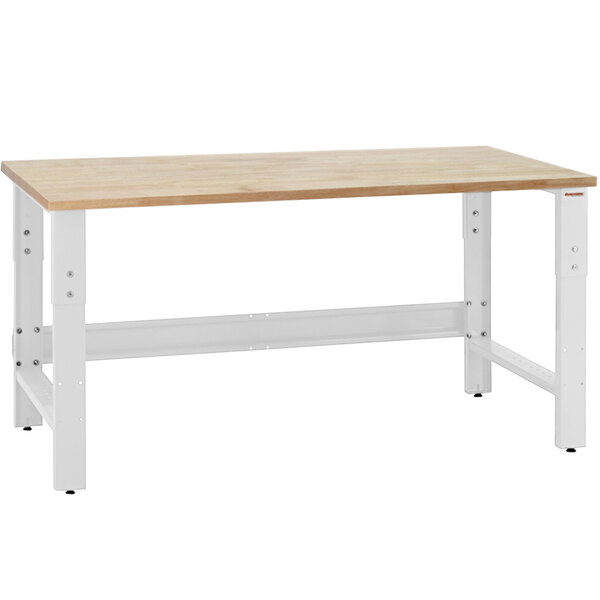 A BenchPro Roosevelt workbench with a wooden butcher block top and white metal legs.
