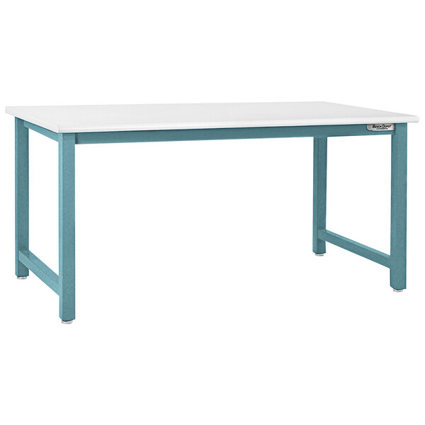 A white rectangular workbench top with round front edges on a white table with light blue legs.