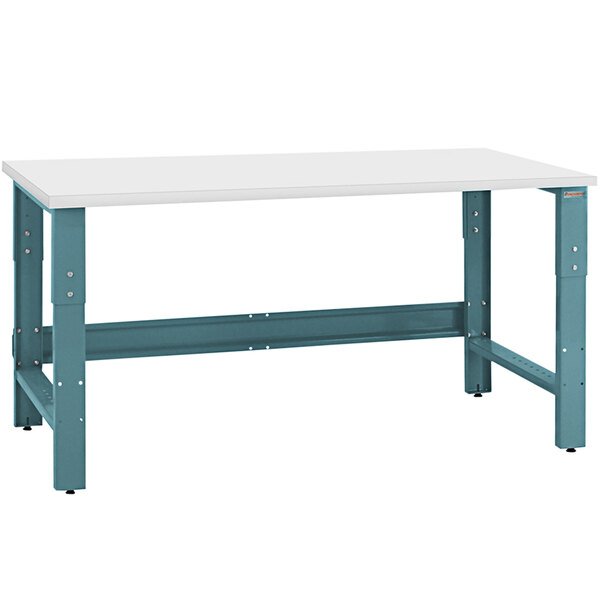 A white rectangular workbench with a blue frame.