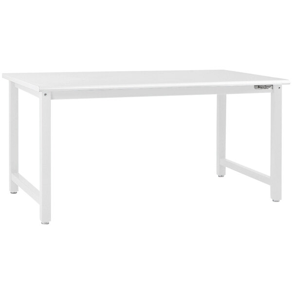 A white BenchPro workbench with white metal legs.