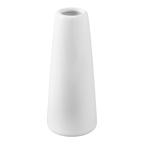 A white, tall, conical ceramic vase with a smooth surface and a small round opening at the top.