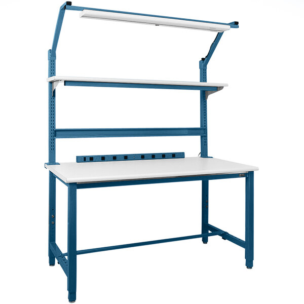 A BenchPro Kennedy workbench with blue frame and laminate top.