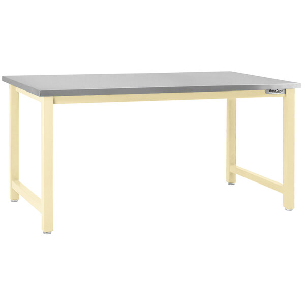 A rectangular workbench with a stainless steel top and beige legs.