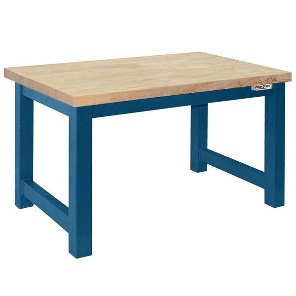 A BenchPro Harding Series workbench with a maple butcher block top and dark blue frame.