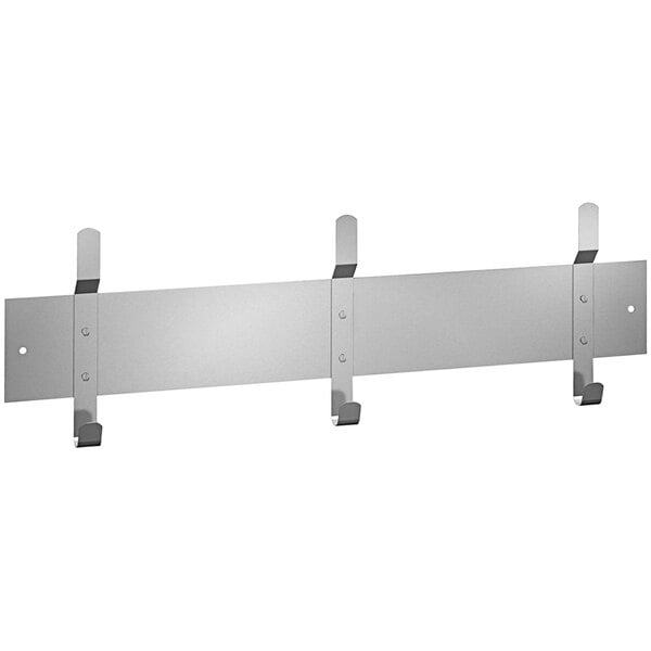 A stainless steel utility strip with three metal hooks.