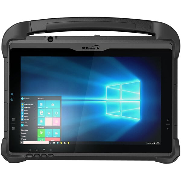 A black DT Research tablet with a blue screen displaying Windows 10.